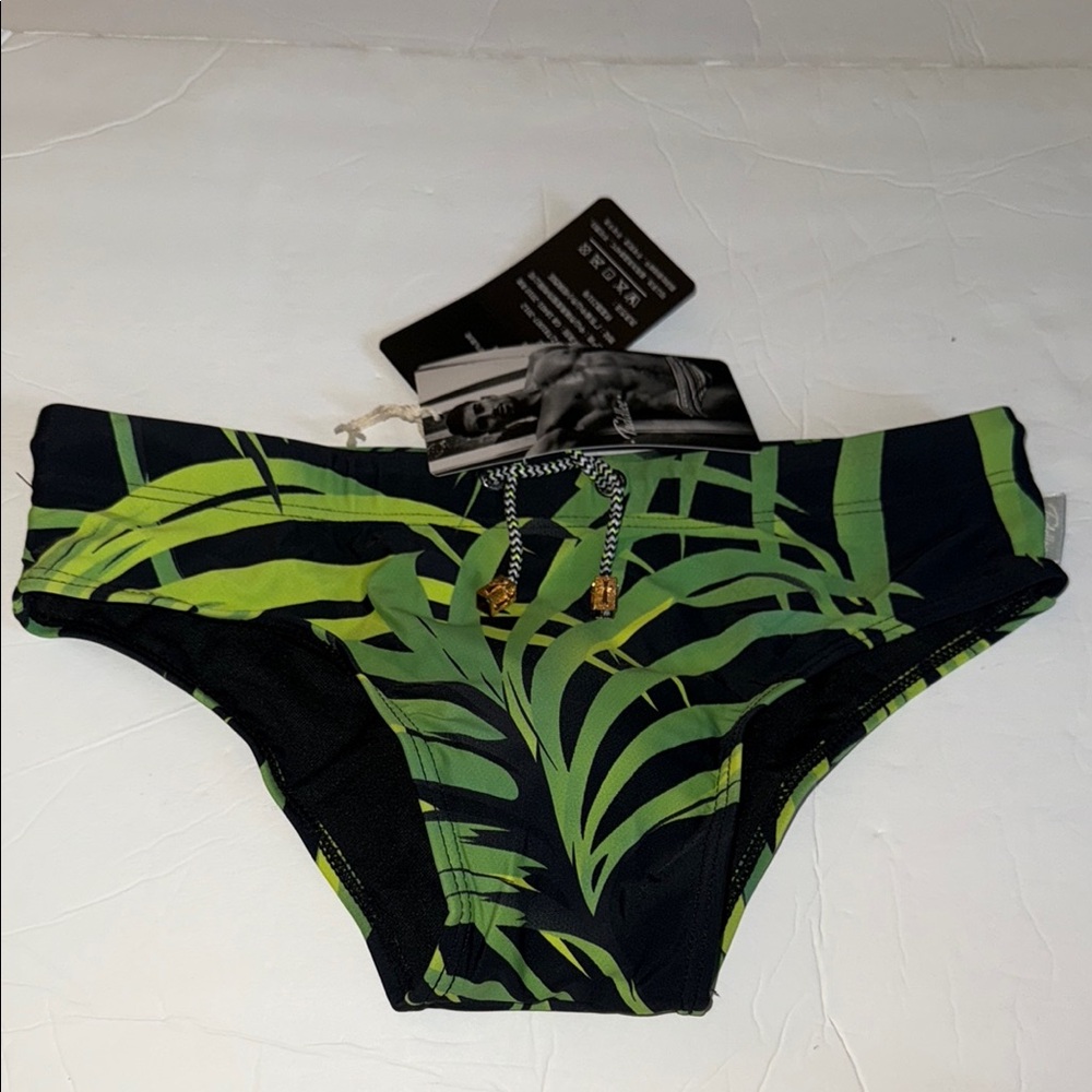 NWT Taddlee Men’s Pad Swimsuit Swim Trunk Briefs Black/Green Palm Eur S US XS